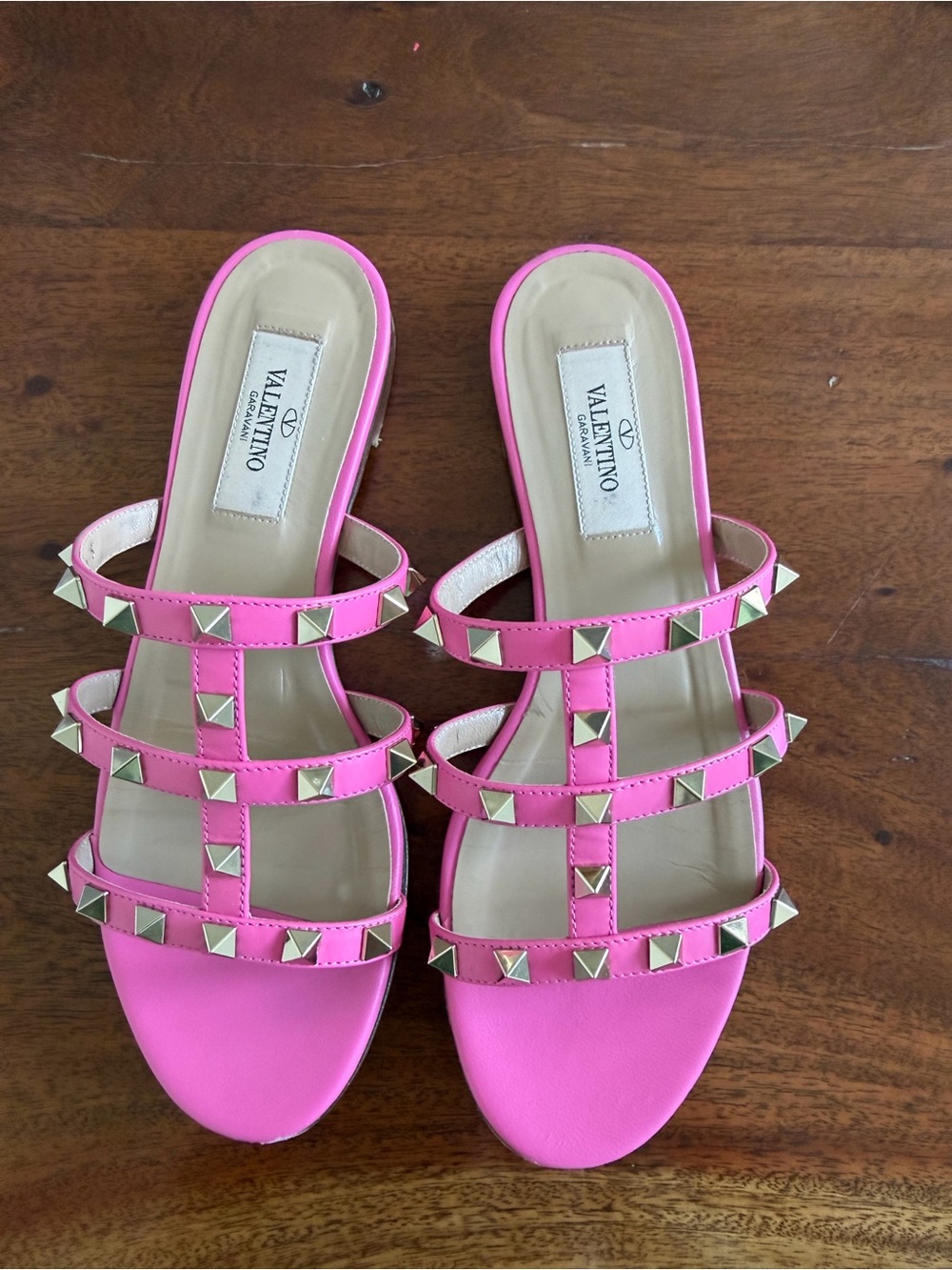 Valentino Garavani Hot Pink Rockstud Triple-Strap Slide Sandals